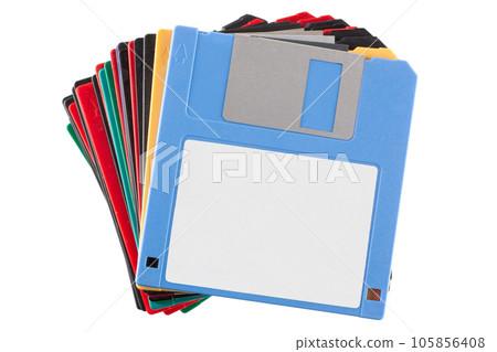 Colored old retro floppy diskettes in stack. Colored old retro floppy diskettes in stack. 105856408