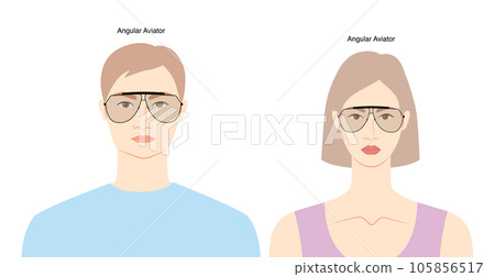 Angular Aviator frame glasses on women and men flat character fashion accessory illustration. Sunglass front view unisex Angular Aviator frame glasses on women and men flat character fashion accessory illustration. Sunglass front view unisex 105856517