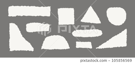 Torn paper set. Beige shapes with jagged edges. Ripped rectangle, square, round, triangle pieces collection. Textured grunge element bundle for collage, text box, banner, sticker, poster. Vector 105856569