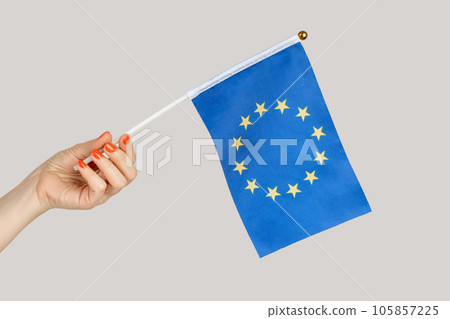 Closeup of woman hand showing EU flag, traveling to Europe countries, immigration. Indoor studio shot isolated on gray background. 105857225