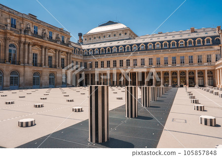 Sunny day view of the grand Palais du Luxembourg courtyard in Paris, France, showcasing its French Classical architecture. 105857848