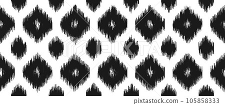 Seamless black and white ikat pattern. Ethnic diamond monochrome repeating background. Ornamental tribal fabric and textile swatch print design. Vector asian folk abstract wallpaper Seamless black and white ikat pattern. Ethnic diamond monochrome repeating background. Ornamental tribal fabric and textile swatch print design. Vector asian folk abstract wallpaper 105858333