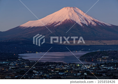 Mt. Fuji and Lake Yamanaka at dawn as seen from Mt. Takazashi Mt. Fuji and Lake Yamanaka at dawn as seen from Mt. Takazashi 105858426