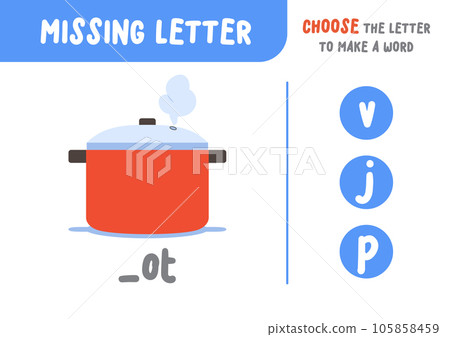Missing letter (pot), the alphabet letter vocabulary game for kid. choose a letter to make the word. illustration cartoon vector design on white background. kid and study game concept. 105858459
