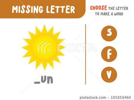 Missing letter (sun), the alphabet letter vocabulary game for kid. choose a letter to make the word. illustration cartoon vector design on white background. kid and study game concept. Missing letter (sun), the alphabet letter vocabulary game for kid. choose a letter to make the word. illustration cartoon vector design on white background. kid and study game concept. 105858460