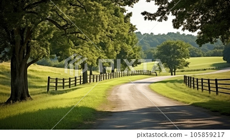 Path way through the autumnal forest natural way, road to the tropical forest field, relaxing with ecological environment, freedom lifestyle concept, Generative AI illustration 105859217