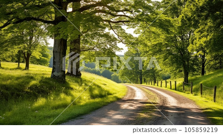 Path way through the autumnal forest natural way, road to the tropical forest field, relaxing with ecological environment, freedom lifestyle concept, Generative AI illustration 105859219