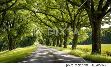 Path way through the autumnal forest natural way, road to the tropical forest field, relaxing with ecological environment, freedom lifestyle concept, Generative AI illustration 105859220