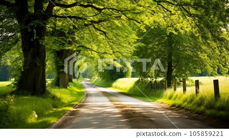 Path way through the autumnal forest natural way, road to the tropical forest field, relaxing with ecological environment, freedom lifestyle concept, Generative AI illustration 105859221