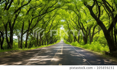 Path way through the autumnal forest natural way, road to the tropical forest field, relaxing with ecological environment, freedom lifestyle concept, Generative AI illustration 105859231