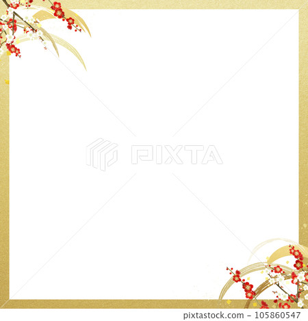 Simple Japanese-style frame of red and white plums and waves 105860547