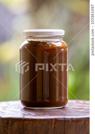 food glass with dulce de leche and chocolate food glass with dulce de leche and chocolate 105861097
