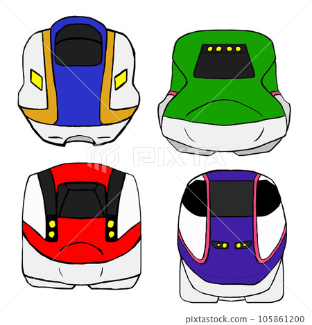 A set of illustrations showing the popular Shinkansen trains of eastern Japan viewed from the front. Shinkansen face. 105861200