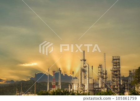 Oil refinery gas petrol plant industry with crude tank, gasoline supply and chemical factory. Petroleum barrel fuel heavy industry oil refinery manufacturing factory plant. Refinery industry concept 105861759