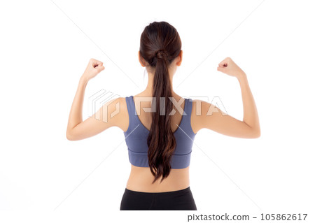 Portrait beautiful young asian woman in sportswear showing strong muscles isolated. Portrait beautiful young asian woman in sportswear showing strong muscles isolated. 105862617