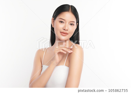 Beautiful young asian woman with clean fresh skin on white background, Face care, Facial treatment, Cosmetology, beauty and spa, Asian women portrait. Beautiful young asian woman with clean fresh skin on white background, Face care, Facial treatment, Cosmetology, beauty and spa, Asian women portrait. 105862735