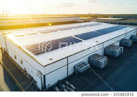 Saving on electricity. Solar panels on the roof of a warehouse. Saving on electricity. Solar panels on the roof of a warehouse. 105862816