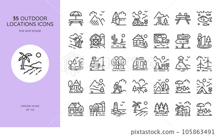 Outdoor Locations Icon Set. Nature and Mountain Scenes for Camping, Picnics, Hiking, Fishing and Trendy Glamping. Signs of Forests, Beaches, Mountains, Lakes, and Rivers with Editable Vector. 105863491