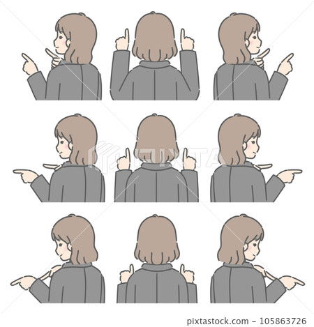 Young woman pointing in various directions with both hands (backwards, suit) Young woman pointing in various directions with both hands (backwards, suit) 105863726