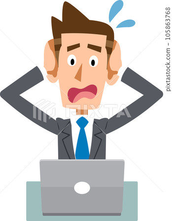 A businessman holding a head in front of a personal computer A businessman holding a head in front of a personal computer 105863768