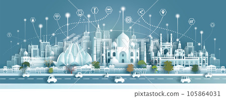 India technology wireless network communication smart city with architecture landmarks. India technology wireless network communication smart city with architecture landmarks. 105864031