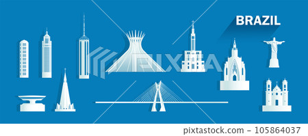 Travel landmarks Brazil with isolated silhouette architecture on blue background. 105864037