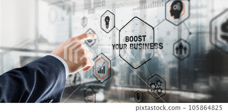 Boost Your Business 2023. Businessman touching finger virtual screen 105864825