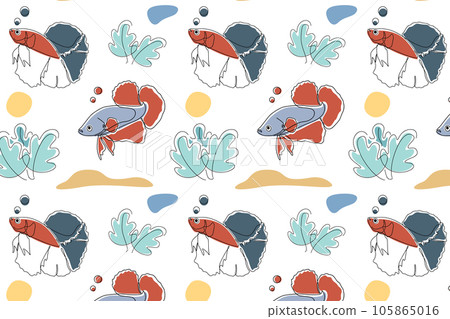 Seamless childish pattern with funny Siamese fighting fish. Creative scandinavian kids texture for fabric, wrapping, textile, wallpaper, apparel. Vector illustration background in white. Seamless childish pattern with funny Siamese fighting fish. Creative scandinavian kids texture for fabric, wrapping, textile, wallpaper, apparel. Vector illustration background in white. 105865016