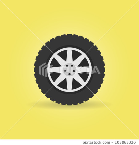 Flat car wheel with tire vector icon on yellow background Flat car wheel with tire vector icon on yellow background 105865320