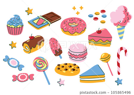 Seamless vector pattern with colorful ice cream, candy, and cookies. For cards, invitations, wedding or baby shower albums, backgrounds, arts and scrapbooks 105865496