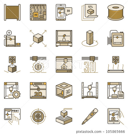 3D Printer colored icons set. Additive Manufacturing and Printing Technology concept signs 105865666