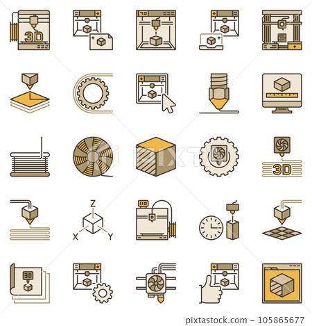 3D Printing colored icons set. Additive Manufacturing and Printers vector signs 105865677