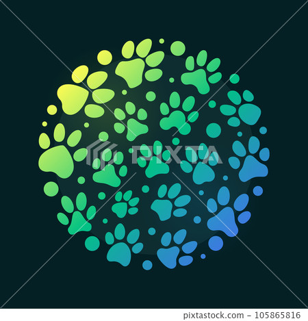 Paw print circle shaped vector green illustration - Animal Footprints symbol 105865816