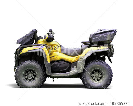 Four quad yellow bike left side view 3d render on white 105865871