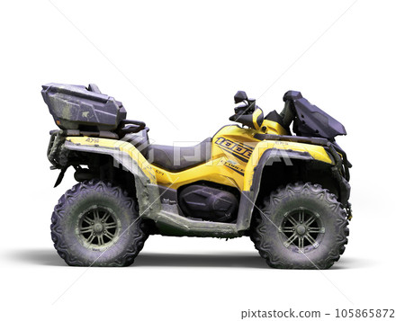 Four quad yellow bike right side view 3d render on white Four quad yellow bike right side view 3d render on white 105865872
