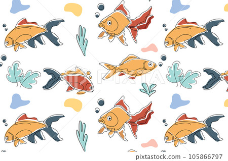Colorful cute goldfish cartoon seamless vector. Kids background. Seamless pattern. Can be used in textile industry, paper, background, scrap booking. 105866797