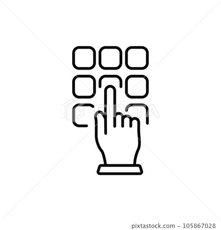 Hand Enter Password on Dial Keypad Line Icon. Security Bank Key Number on ATM Button Linear Pictogram. Finger Entry Pin Code on Keyboard Outline Icon. Editable Stroke. Isolated Vector Illustration. 105867028