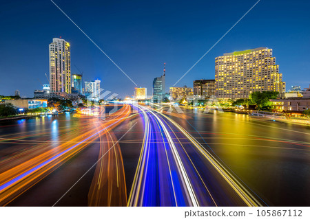 cityscape at night chao phraya river of bangkok city landscape Thailand , long exposure light cityscape at night chao phraya river of bangkok city landscape Thailand , long exposure light 105867112