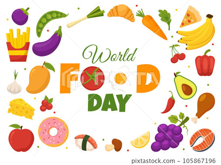 World Food Day Vector Illustration on 16 October with Various Foods, Fruit and Vegetable in Flat Cartoon Hand Drawn Background Templates 105867196