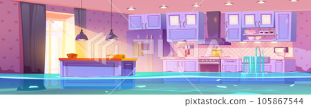 Wet home kitchen flooded with tap water Wet home kitchen flooded with tap water 105867544