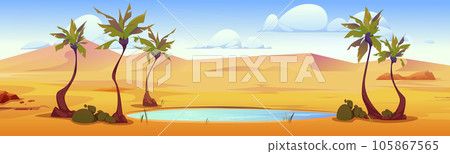 Sandy desert with small lake under palm trees Sandy desert with small lake under palm trees 105867565
