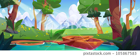 Lake in forest with boat mountain nature vector 105867583