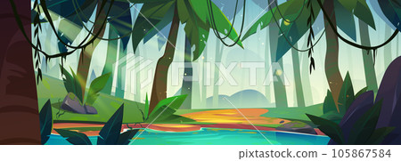 Jungle forest landscape with river and trees 105867584