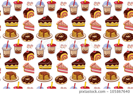 seamless pattern Bakery,Cakes,dessert, tapioca bubble, donuts pattern.Doodle vector. food icons,sweet elements background for menu,cafe shop, textile pattern, bed sheet 105867640