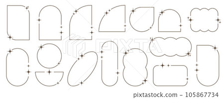 Aesthetic frames and shapes with stars. Minimal y2k outline graphic design with sparkles. Abstract arches borders. Trendy boho geometric templates set. Vector illustration. 105867734