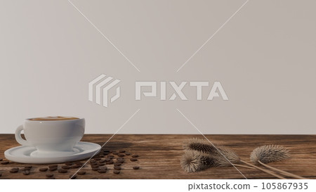 international coffee day background template,cup of coffee and coffee beans against a background of calm tones, with blank space for text, 3d illustration rendering 105867935