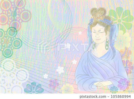 Background with Kannon Bodhisattva spreading gentle pastel flowers 105868994