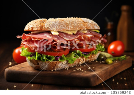 Sandwich with prosciutto, tomato and cheese on a wooden rustic background. Sandwich with prosciutto, tomato and cheese on a wooden rustic background. 105869248