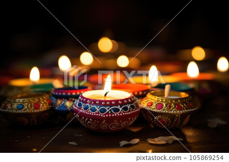 Happy Diwali. Clay Diya lamps during Diwali celebration, Hindu festival of lights celebration. 105869254