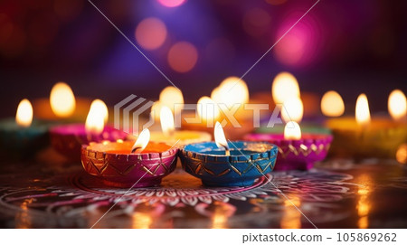 Happy Diwali. Clay Diya lamps during Diwali celebration, Hindu festival of lights celebration. 105869262